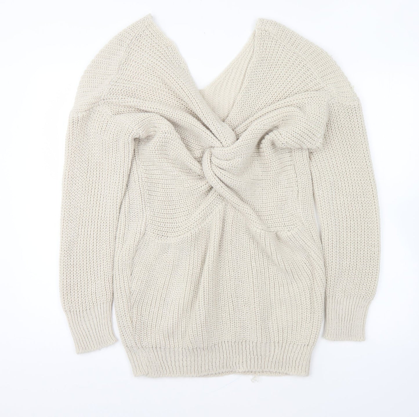 Boohoo Womens Beige V-Neck Acrylic Pullover Jumper Size S