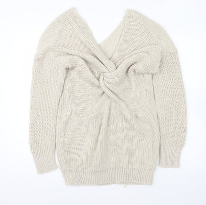 Boohoo Womens Beige V-Neck Acrylic Pullover Jumper Size S