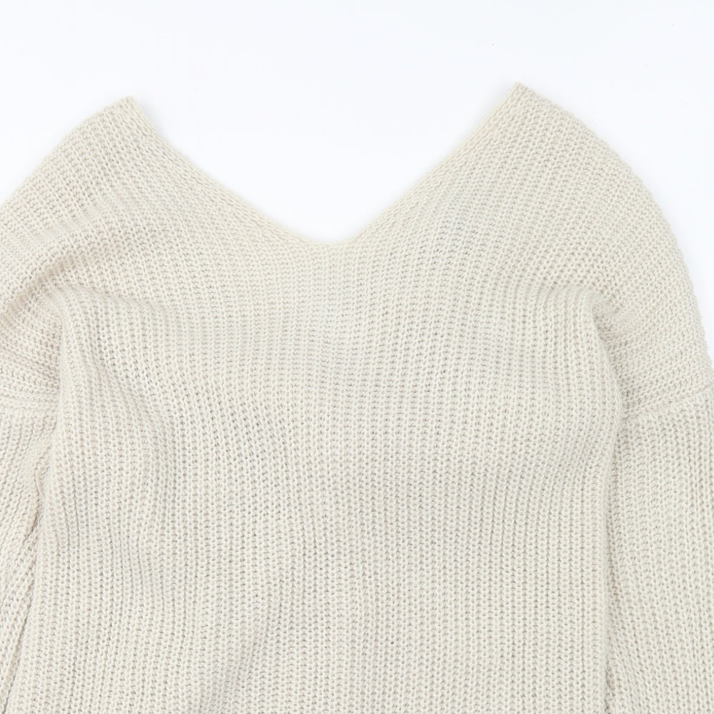 Boohoo Womens Beige V-Neck Acrylic Pullover Jumper Size S