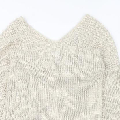 Boohoo Womens Beige V-Neck Acrylic Pullover Jumper Size S