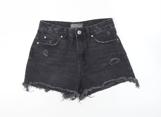 Denim & Co. Womens Black Cotton Hot Pants Shorts Size 8 L4 in Regular Button - Distressed Look