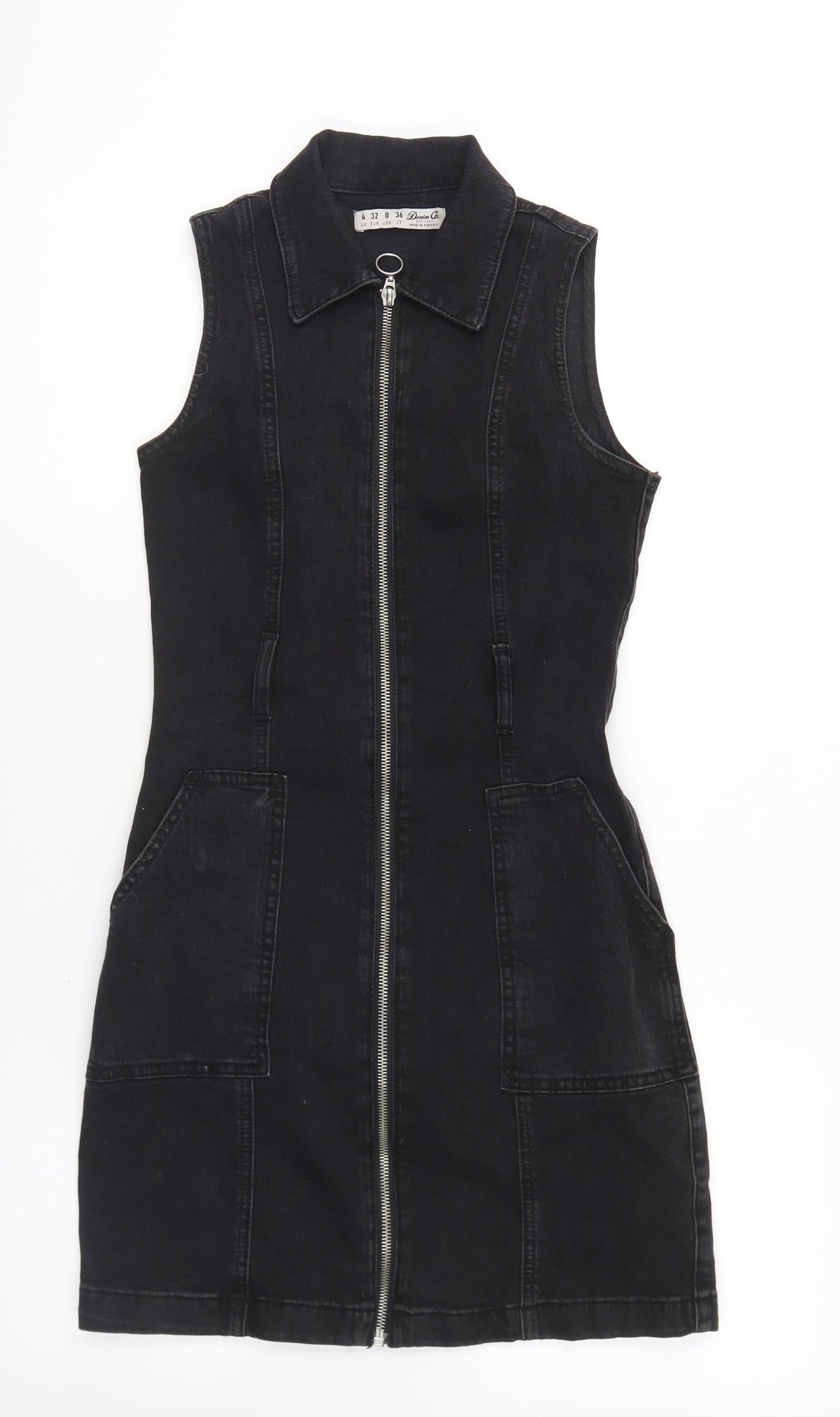 Denim & Co. Womens Black Cotton Fit & Flare Size 4 Collared Zip