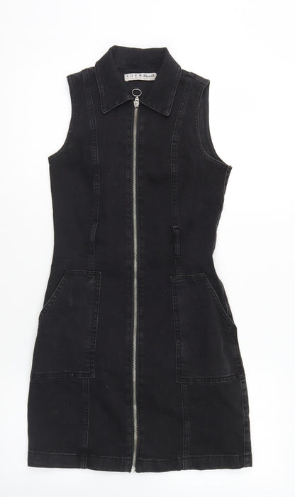 Denim & Co. Womens Black Cotton Fit & Flare Size 4 Collared Zip