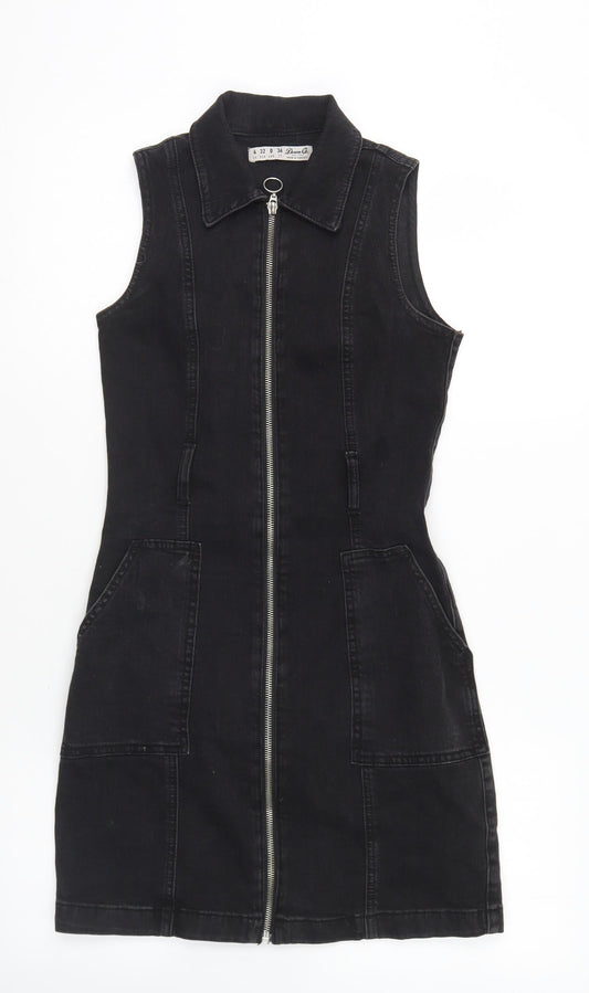 Denim & Co. Womens Black Cotton Fit & Flare Size 4 Collared Zip