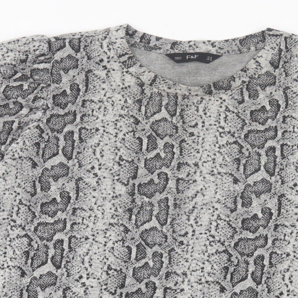 F&F Womens Grey Animal Print Polyester Basic T-Shirt Size 10 Crew Neck - Snake Print