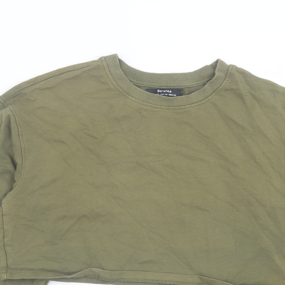Bershka Womens Green Cotton Cropped T-Shirt Size XS Crew Neck