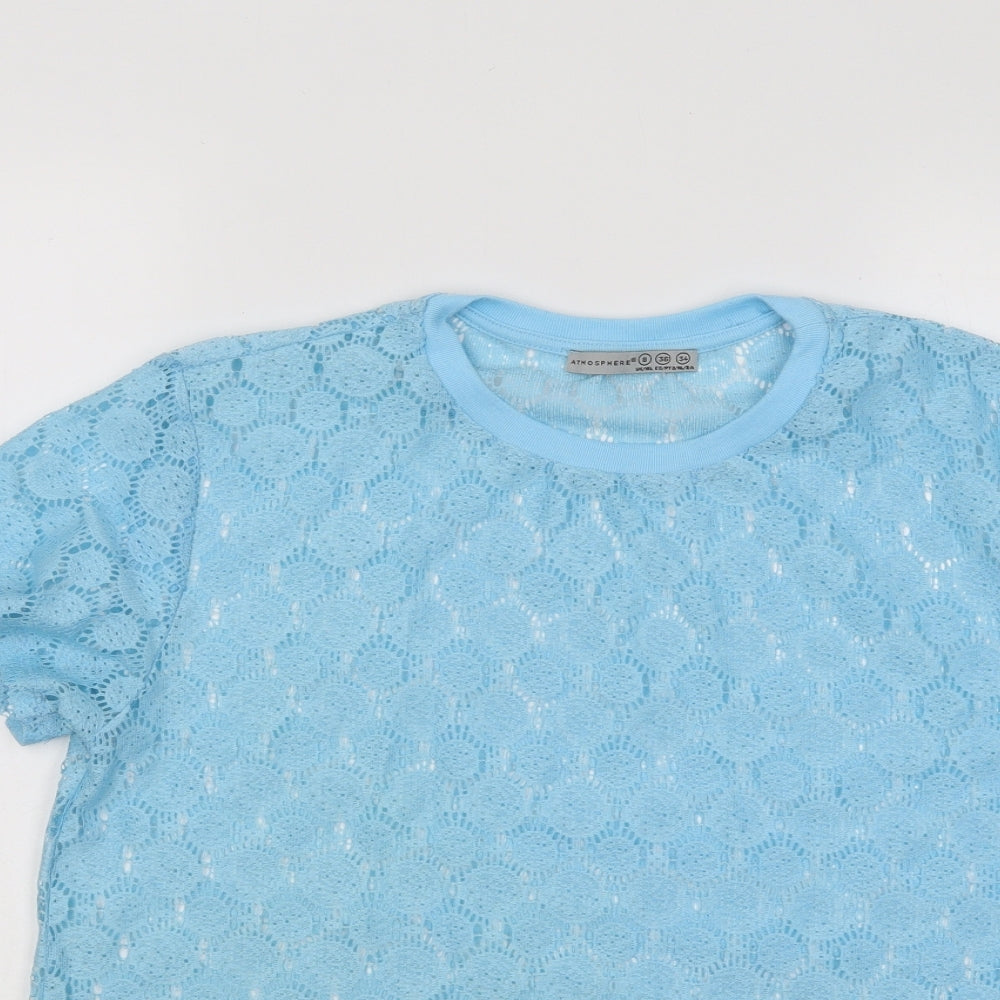 Atmosphere Womens Blue Geometric Cotton Basic T-Shirt Size 8 Round Neck