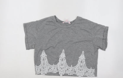 Miss Selfridge Womens Grey Geometric Cotton Basic T-Shirt Size 6 Round Neck - Lace Detail