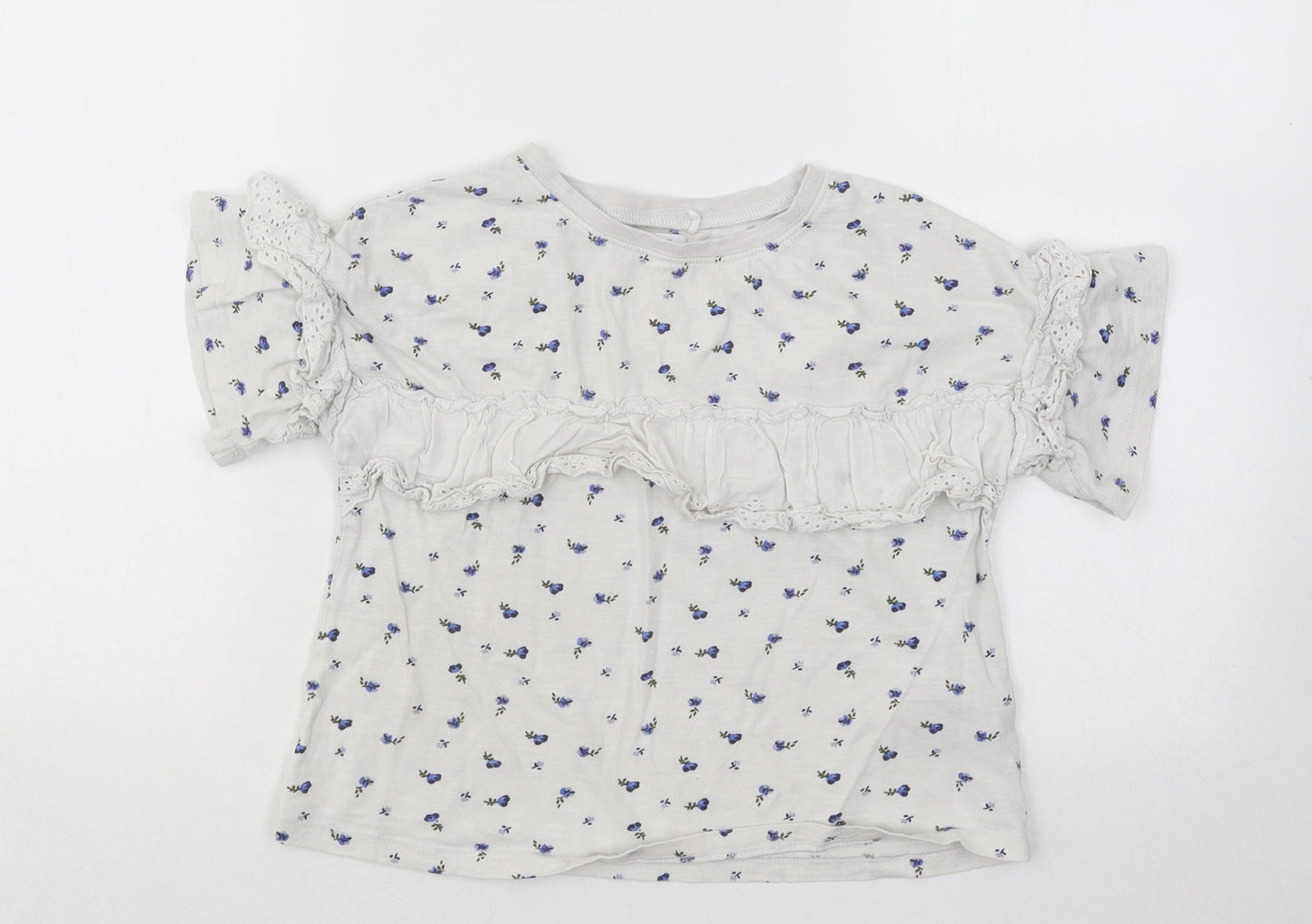 NEXT Girls White Floral Cotton Basic T-Shirt Size 8 Years Round Neck Pullover
