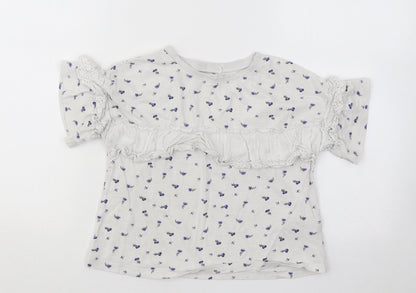 NEXT Girls White Floral Cotton Basic T-Shirt Size 8 Years Round Neck Pullover