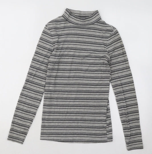 Primark Womens Grey Mock Neck Striped Cotton Pullover Jumper Size 4
