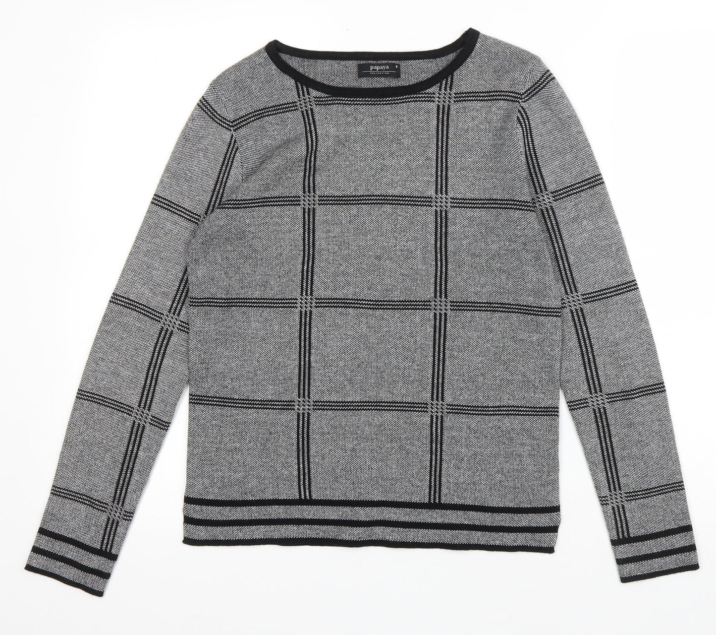 Papaya Womens Grey Scoop Neck Check Acrylic Pullover Jumper Size 8