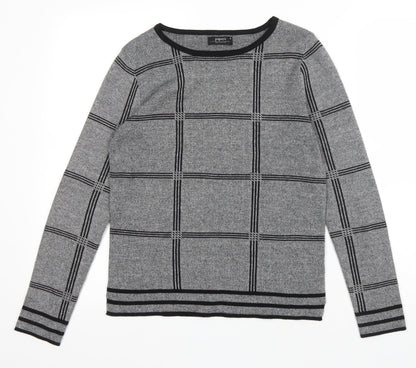 Papaya Womens Grey Scoop Neck Check Acrylic Pullover Jumper Size 8