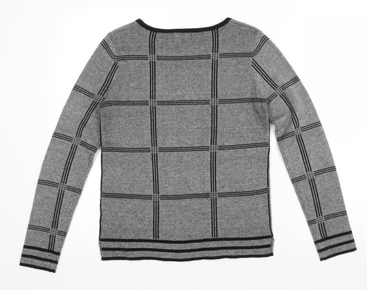Papaya Womens Grey Scoop Neck Check Acrylic Pullover Jumper Size 8