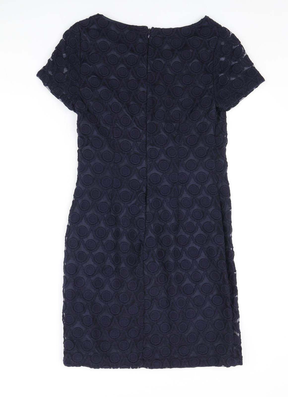 Monsoon Womens Blue Nylon Pencil Dress Size 8 Round Neck Zip - Lace Overlay Dress