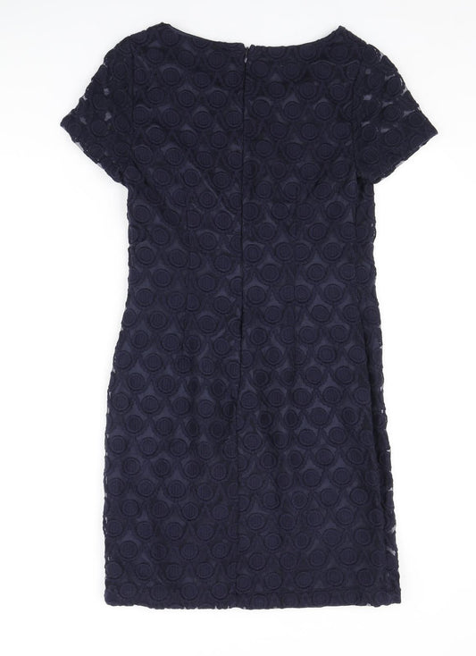 Monsoon Womens Blue Nylon Pencil Dress Size 8 Round Neck Zip - Lace Overlay Dress