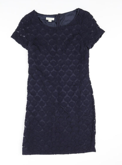 Monsoon Womens Blue Nylon Pencil Dress Size 8 Round Neck Zip - Lace Overlay Dress