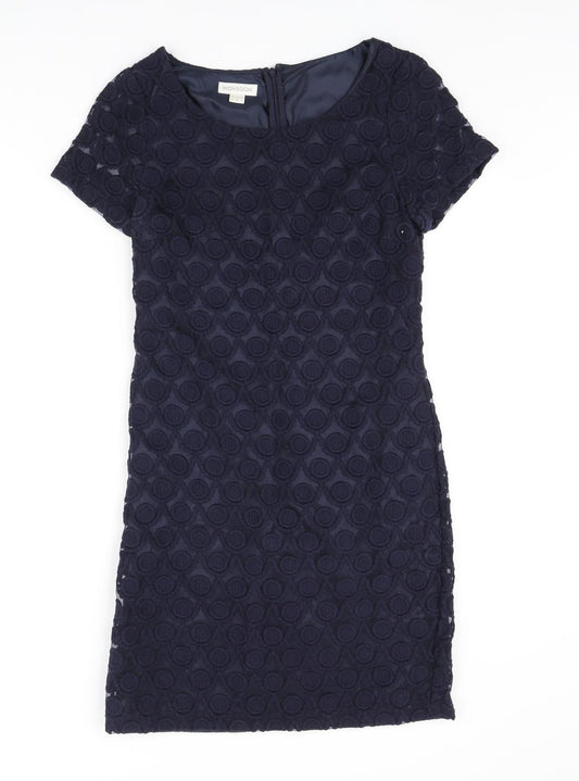 Monsoon Womens Blue Nylon Pencil Dress Size 8 Round Neck Zip - Lace Overlay Dress