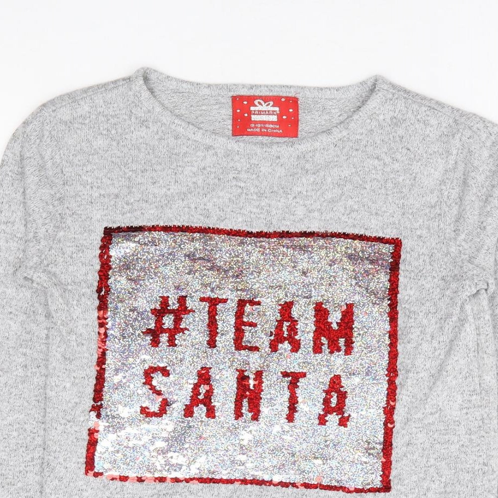 Primark Girls Grey Polyester Jersey T-Shirt Size 12-13 Years Round Neck Pullover - #teamsanta