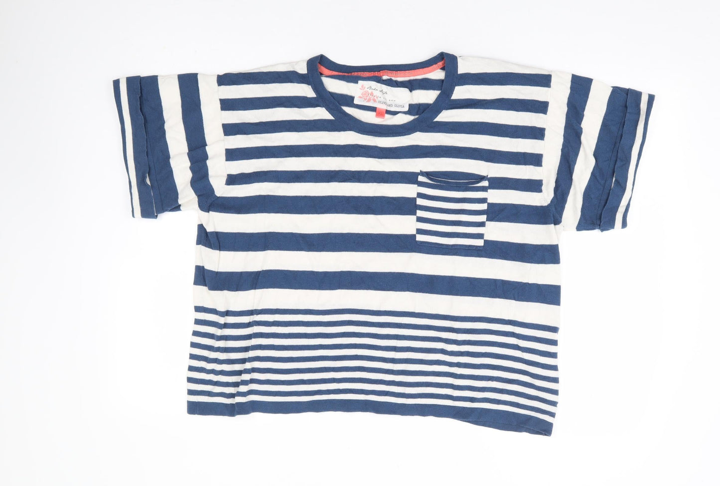 Olive and Olivia Womens Blue Round Neck Striped 100% Cotton Pullover Jumper Size XL