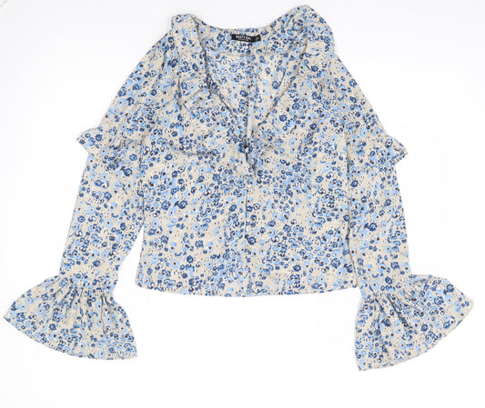 Nasty Gal Womens Blue Floral Polyester Basic Blouse Size 10 V-Neck - Bell Sleeve
