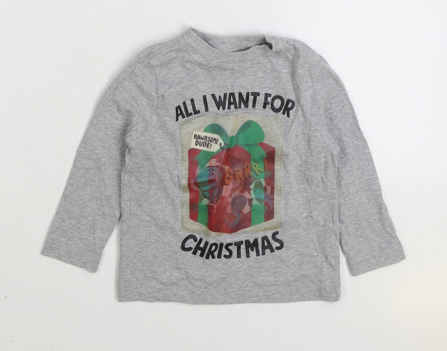 F&F Baby Grey Cotton Basic T-Shirt Size 12-18 Months Round Neck Pullover - Christmas Dinosaur