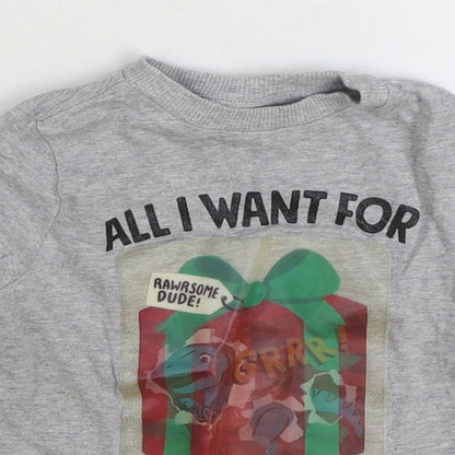 F&F Baby Grey Cotton Basic T-Shirt Size 12-18 Months Round Neck Pullover - Christmas Dinosaur