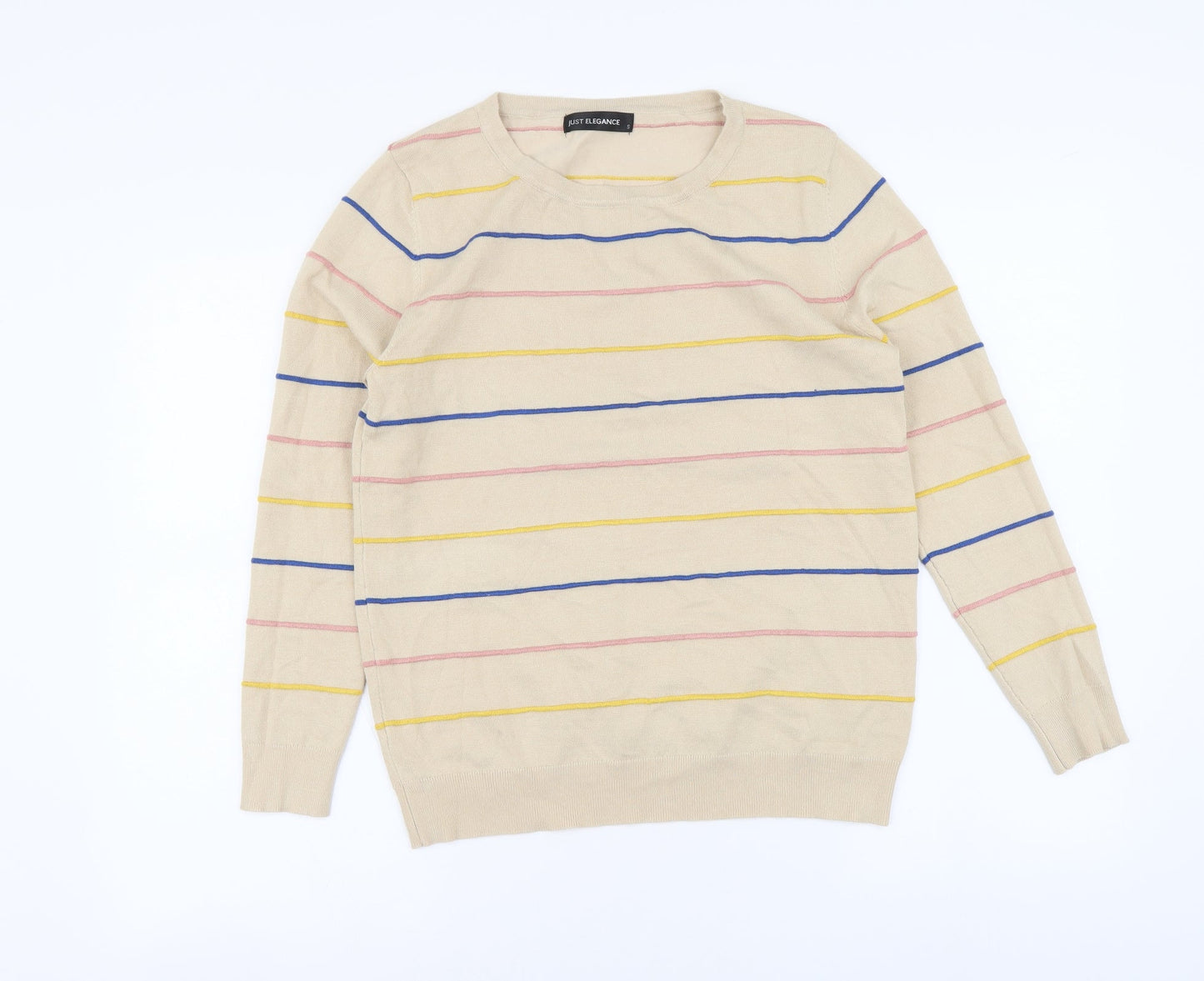 Just Elegance Womens Beige Round Neck Striped Viscose Pullover Jumper Size S