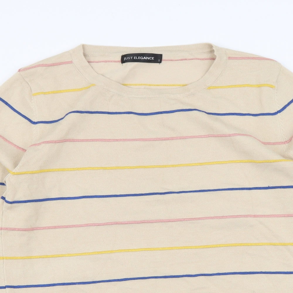 Just Elegance Womens Beige Round Neck Striped Viscose Pullover Jumper Size S