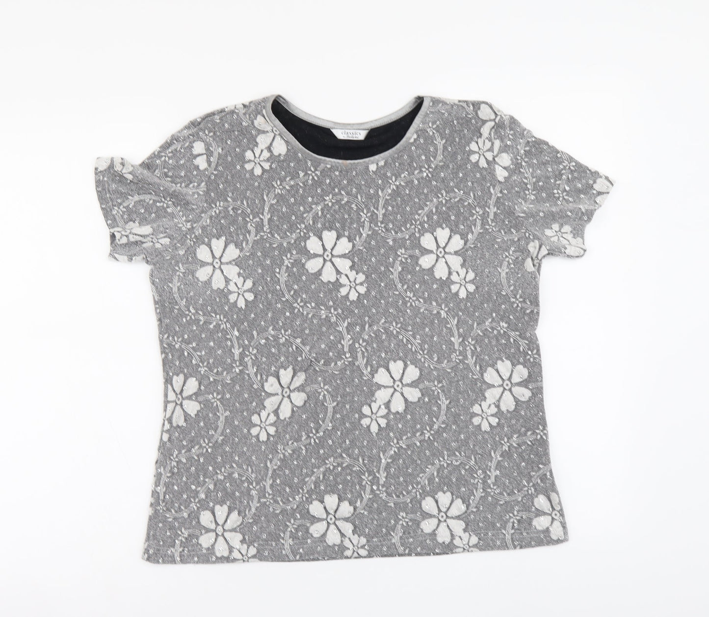 Berkertex Womens Silver Floral Polyester Basic T-Shirt Size 14 Round Neck