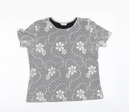 Berkertex Womens Silver Floral Polyester Basic T-Shirt Size 14 Round Neck