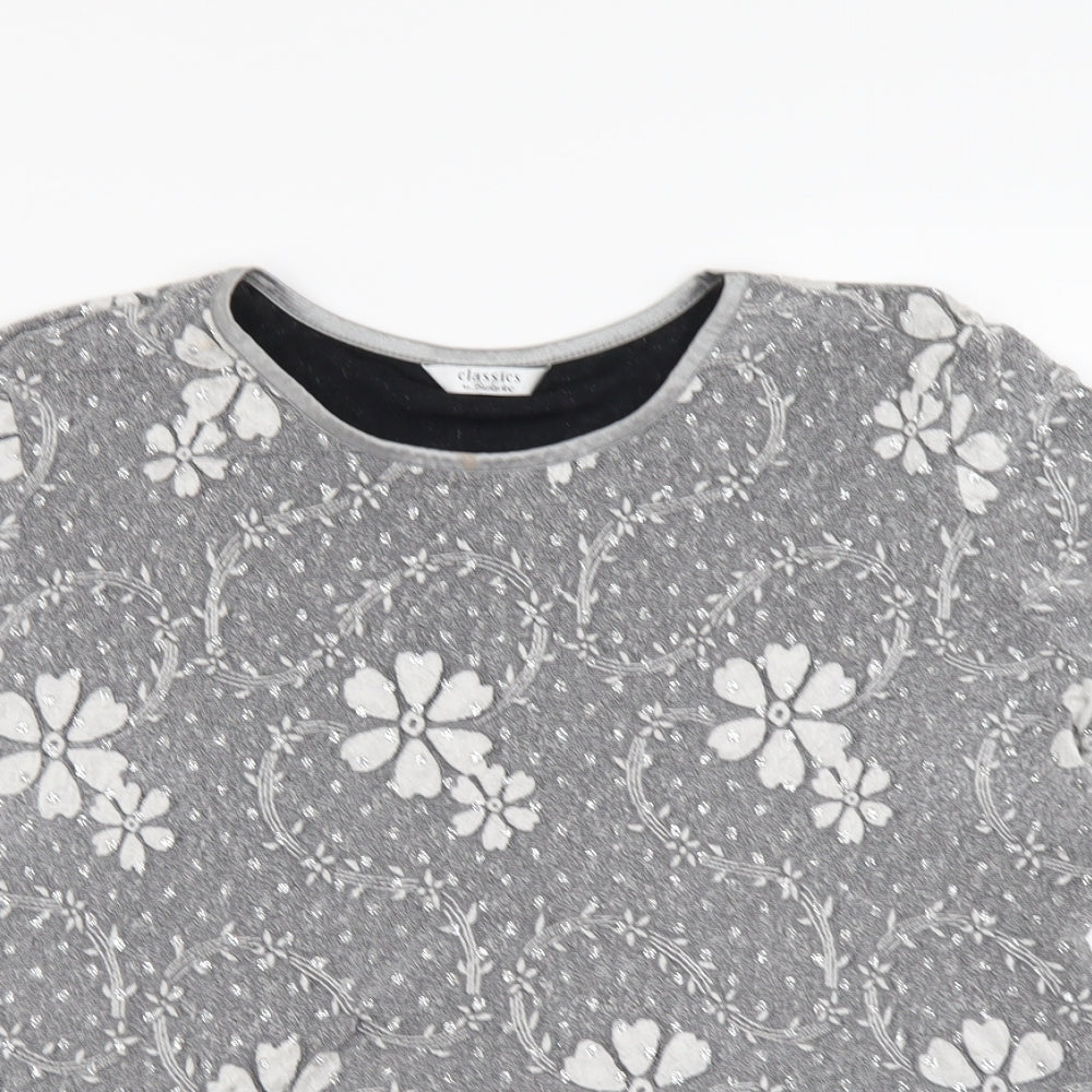 Berkertex Womens Silver Floral Polyester Basic T-Shirt Size 14 Round Neck