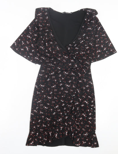 PRETTYLITTLETHING Womens Black Floral Polyester Shift Size 4 V-Neck Pullover