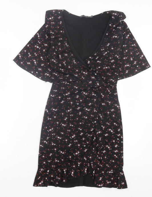 PRETTYLITTLETHING Womens Black Floral Polyester Shift Size 4 V-Neck Pullover