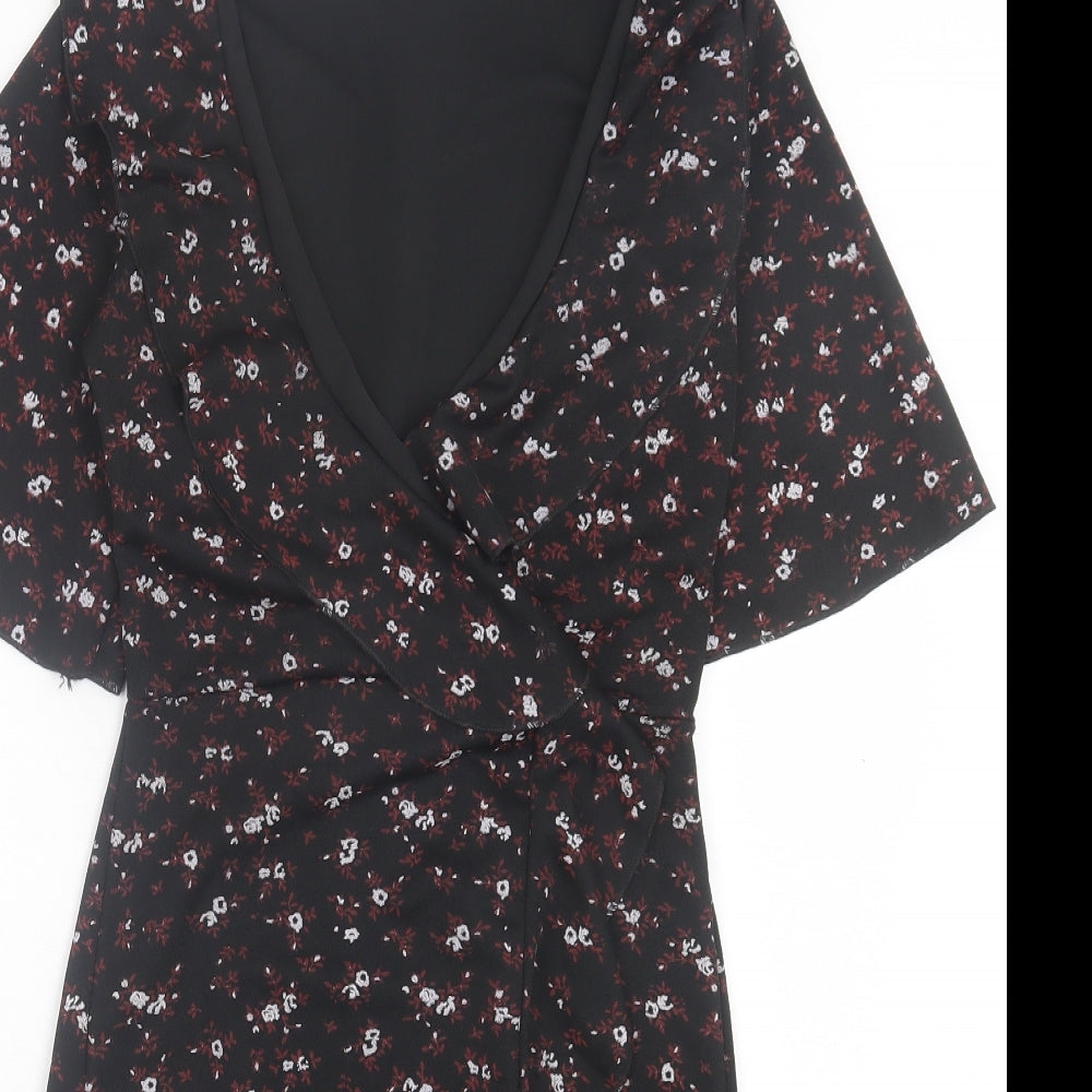 PRETTYLITTLETHING Womens Black Floral Polyester Shift Size 4 V-Neck Pullover