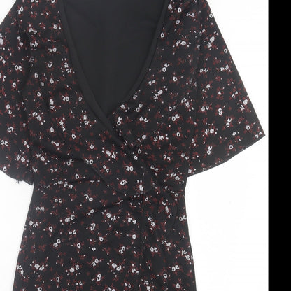 PRETTYLITTLETHING Womens Black Floral Polyester Shift Size 4 V-Neck Pullover