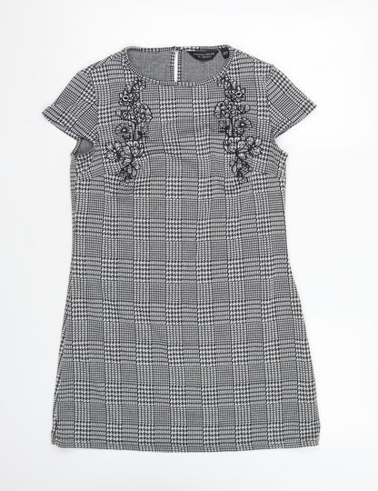 Dorothy Perkins Womens Black Houndstooth Polyester Shift Size 8 Round Neck Button