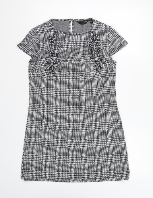 Dorothy Perkins Womens Black Houndstooth Polyester Shift Size 8 Round Neck Button