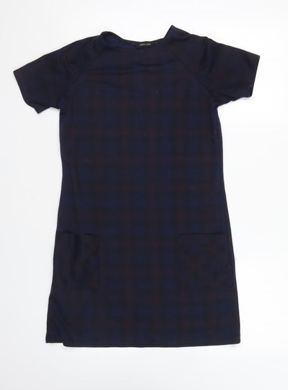 New Look Womens Blue Plaid Polyester Shift Size 8 Round Neck Pullover