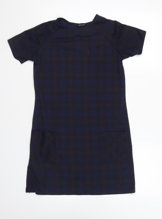 New Look Womens Blue Plaid Polyester Shift Size 8 Round Neck Pullover