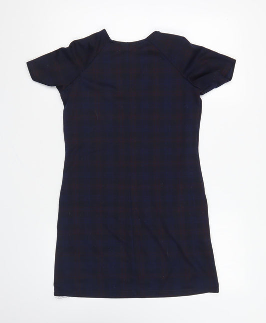 New Look Womens Blue Plaid Polyester Shift Size 8 Round Neck Pullover