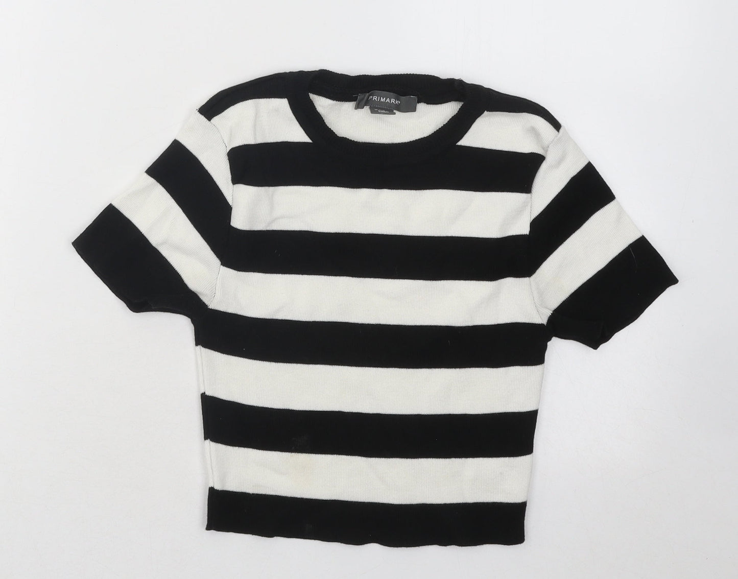 Primark Womens Black Round Neck Striped Cotton Pullover Jumper Size 4