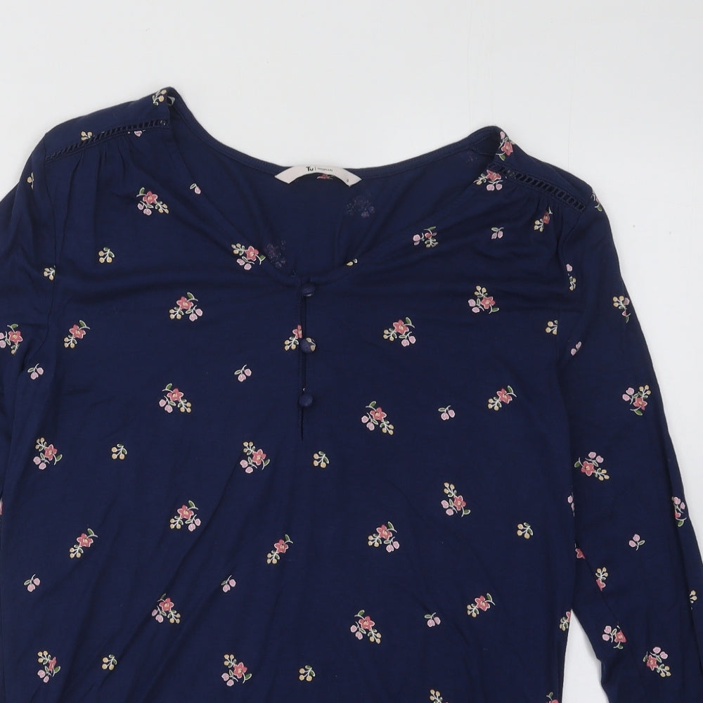 TU Womens Blue V-Neck Floral Modal Pullover Jumper Size 8