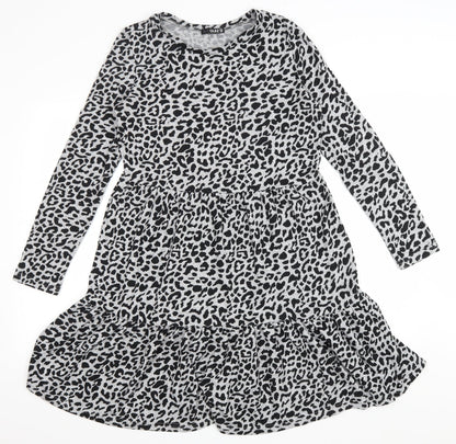 Quiz Womens Grey Animal Print Polyester A-Line Size 10 Scoop Neck Pullover - Leopard