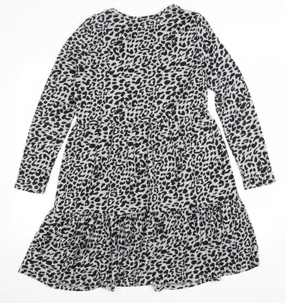 Quiz Womens Grey Animal Print Polyester A-Line Size 10 Scoop Neck Pullover - Leopard