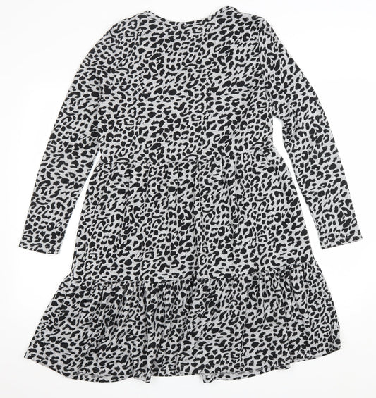 Quiz Womens Grey Animal Print Polyester A-Line Size 10 Scoop Neck Pullover - Leopard