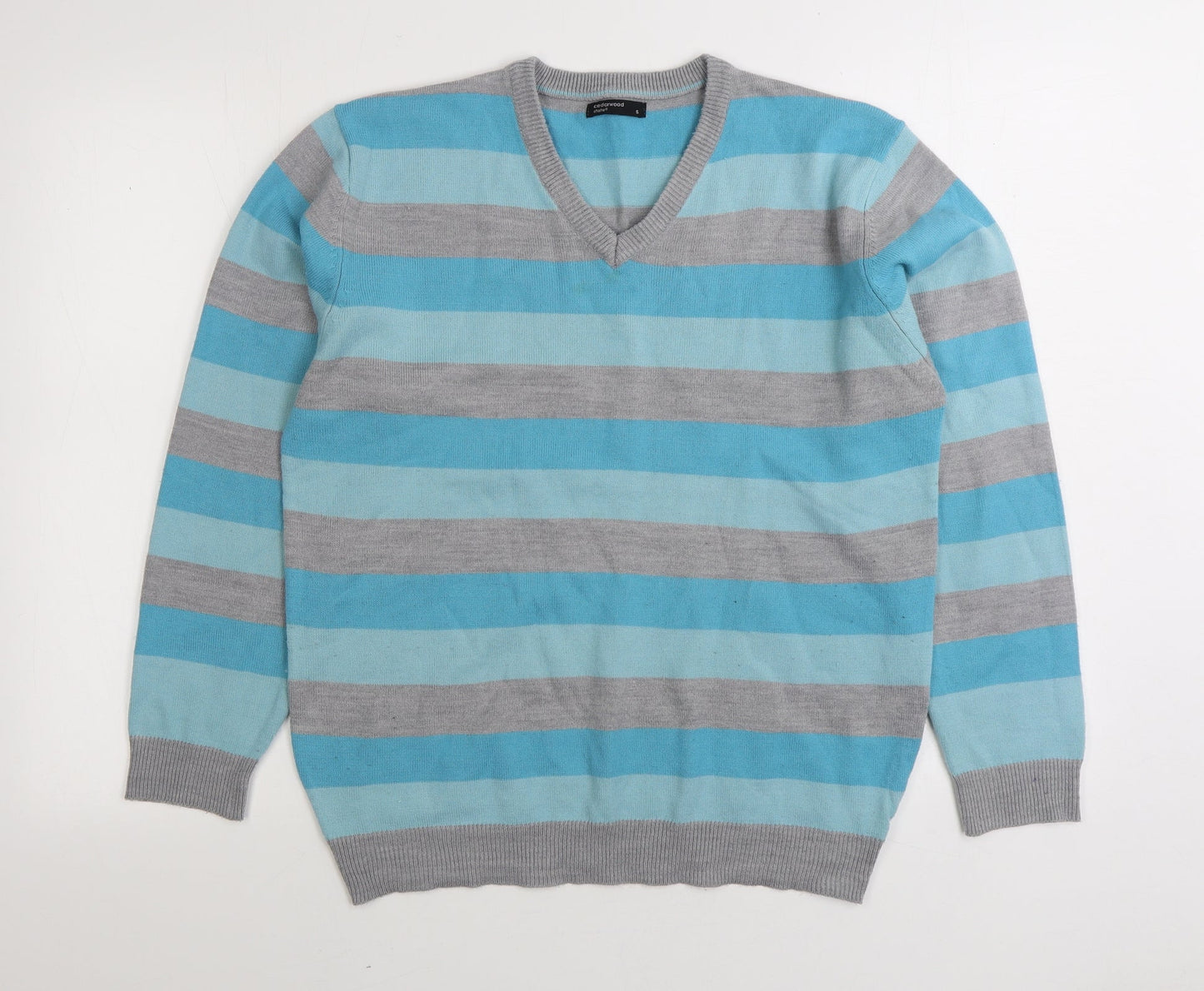 Cedar Wood State Mens Blue V-Neck Striped Viscose Pullover Jumper Size S