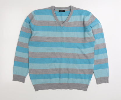 Cedar Wood State Mens Blue V-Neck Striped Viscose Pullover Jumper Size S