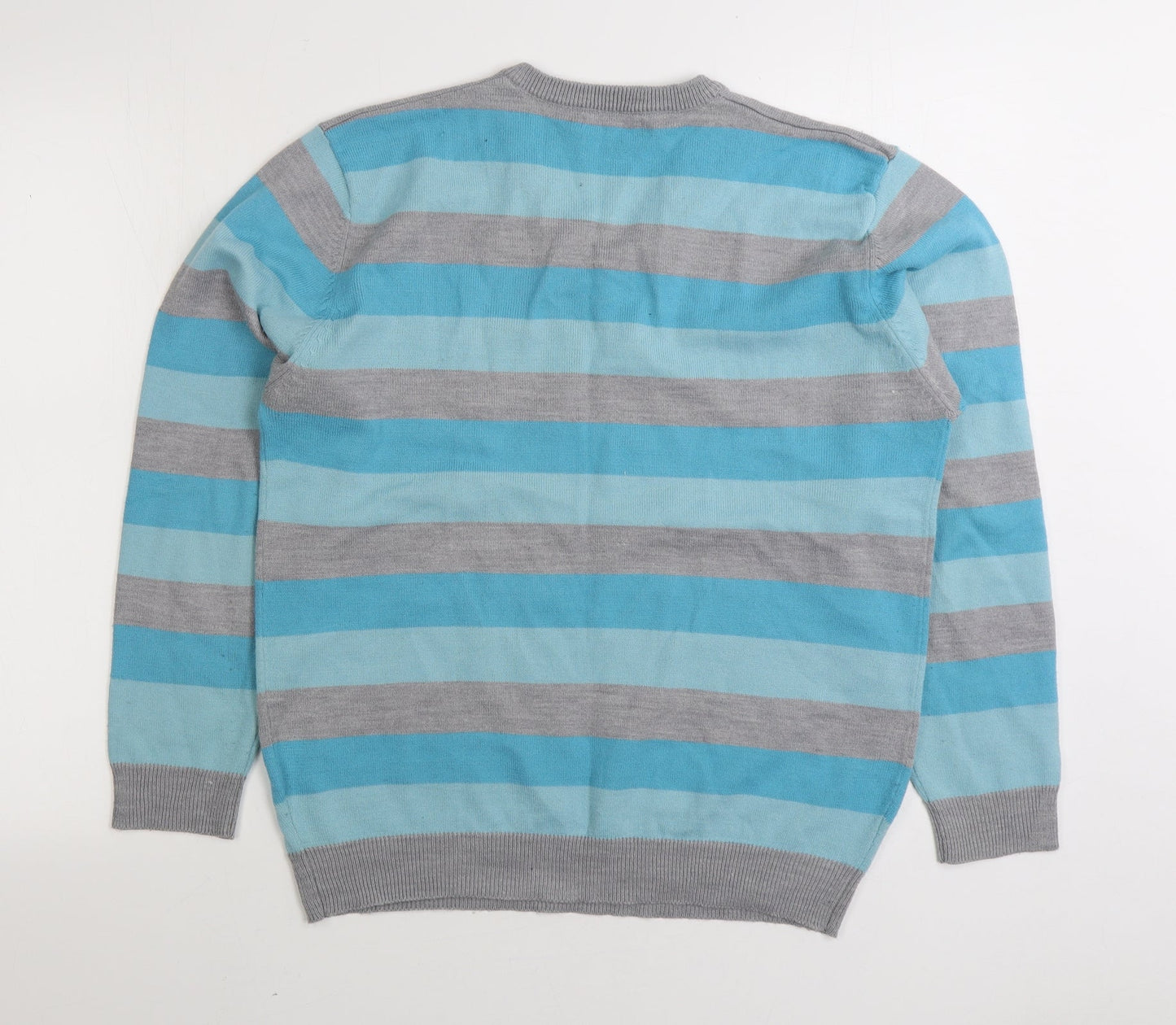 Cedar Wood State Mens Blue V-Neck Striped Viscose Pullover Jumper Size S