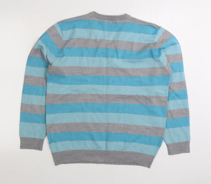 Cedar Wood State Mens Blue V-Neck Striped Viscose Pullover Jumper Size S